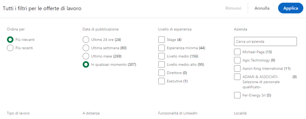 cosa è LinkedIn - filtri di ricerca